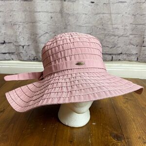 Scala pink “blush” ribbon crusher wide brim hat